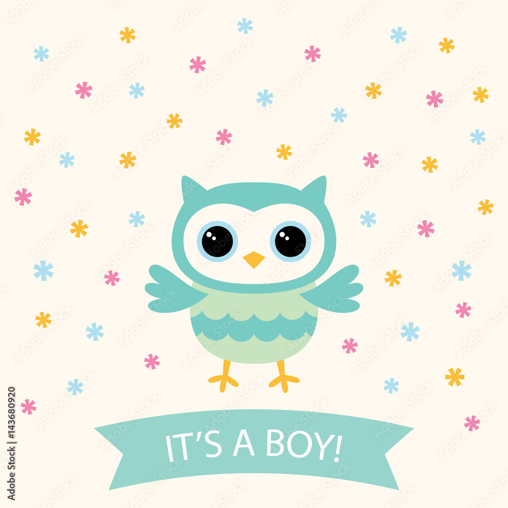 Fototapeta premium Baby boy arrival card with a cute cartoon owl
