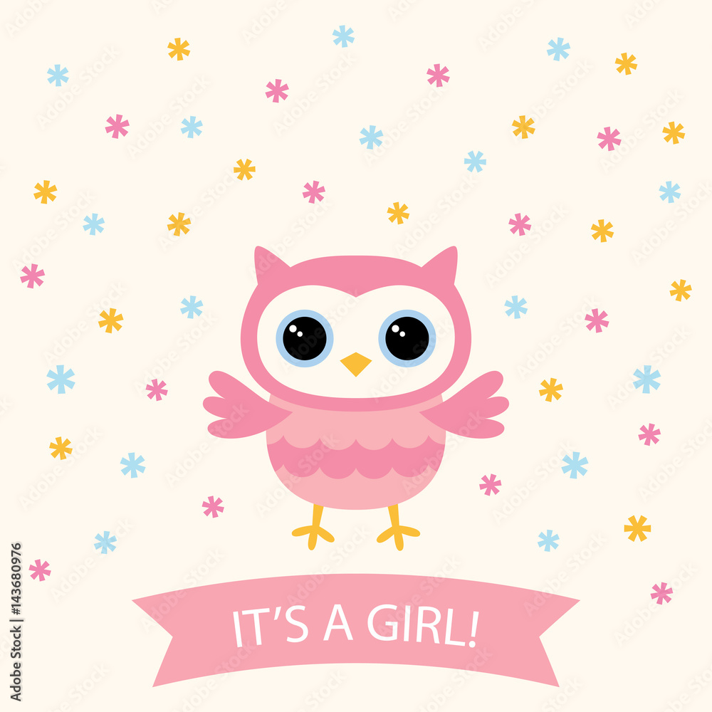 Baby girl arrival card with a cute cartoon owl Stock Vector | Adobe Stock