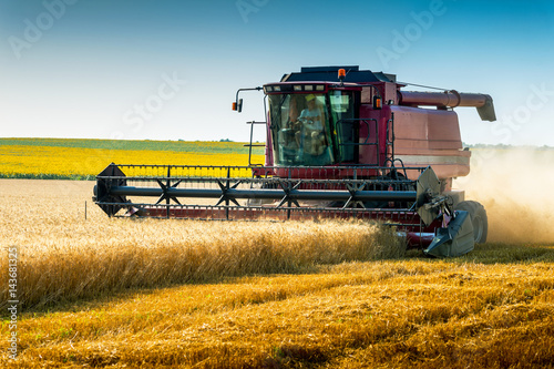 Harvester in wheat field