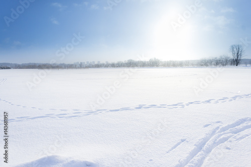 beautiful winter rural landscape with river, trees, field and snow