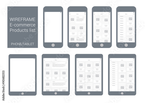 Wireframe Mobile and Tablet App UI Kit. Online shop products list