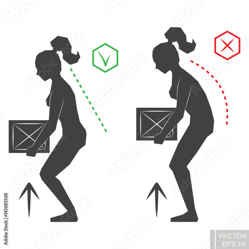 black woman silhouette correct back position, vector lifting illustration right person posture