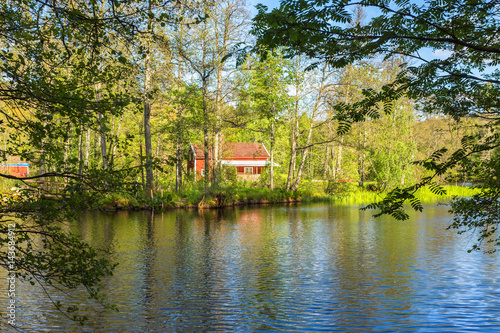 River in the forest with a red cottage