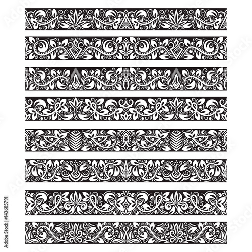 Black white vintage elements for vector brushes creating. Borders templates kit for frames design and page decorations.