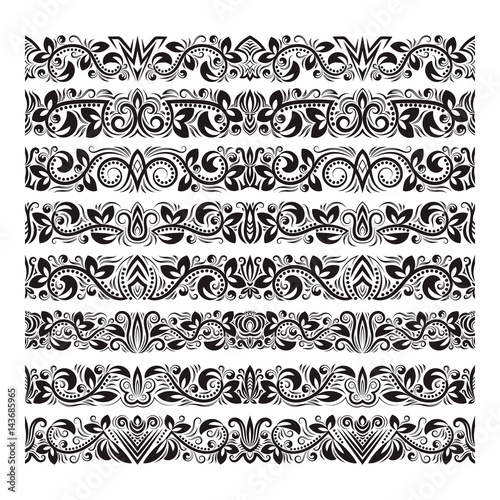 Set of vintage border brushes templates. Baroque floral elements for frames design and page decorations.