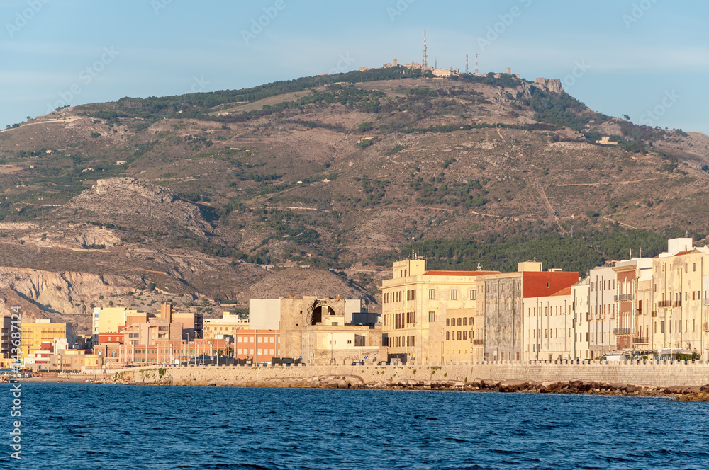Panoramic view of the harbor in Trapani with colored old houses, Sicily