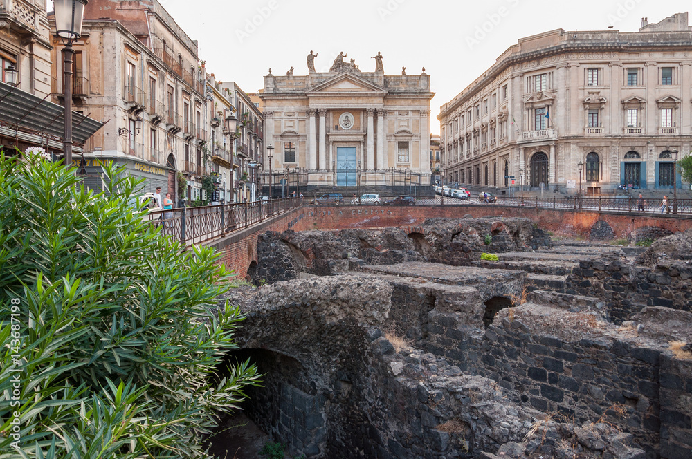 Remains of the Roman amphitheater at the Stesicoro square in Catania, Italy