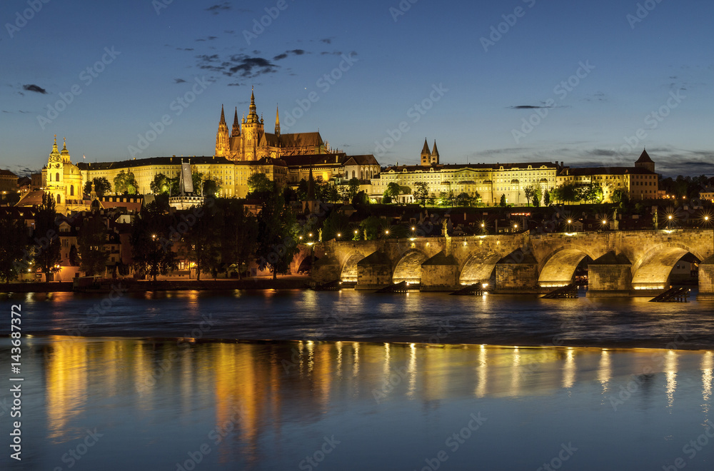 View of Scenic of the Old Town ancient architecture and Vltava river  during twilight. Prague . Czech Republic.