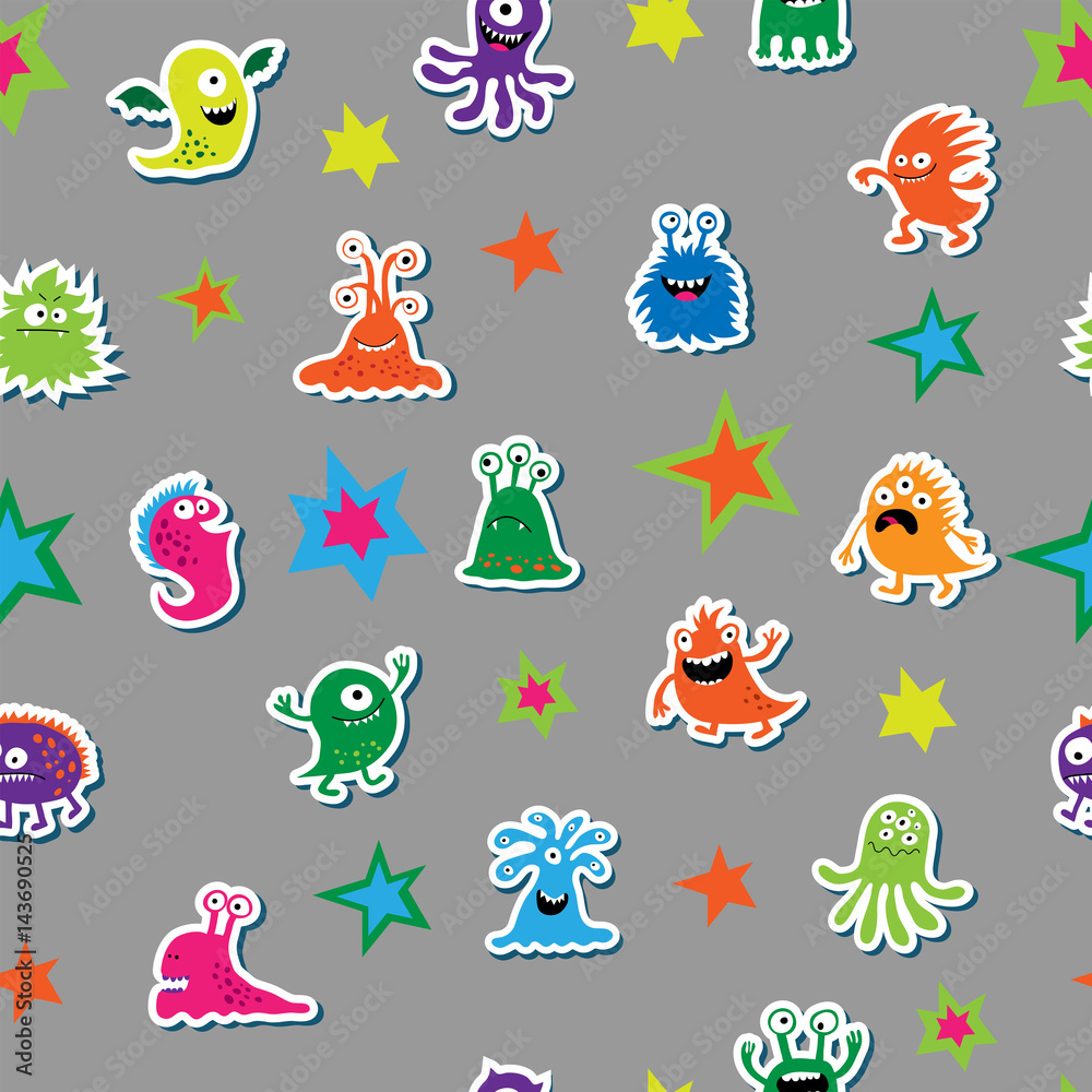 Seamless texture with cartoon monsters on a gray background Seamless texture with cartoon monsters on a gray background