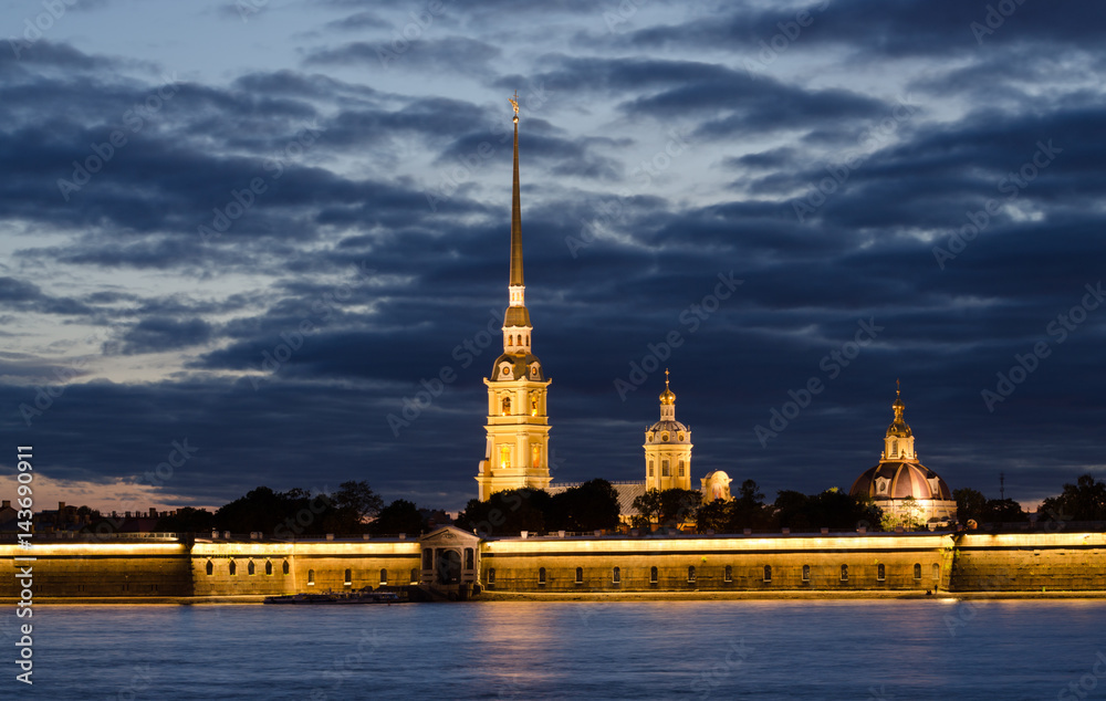 Night photo. Neva River. Peter and Paul Fortress, St. Petersburg, Russia
