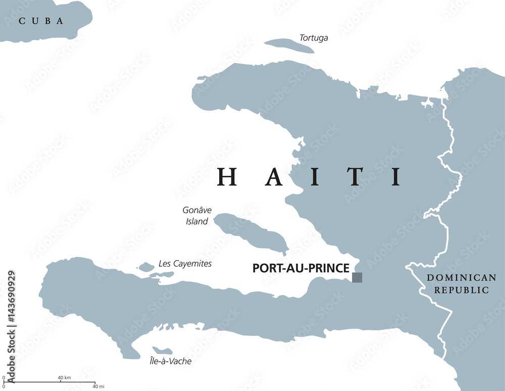 Naklejka Haiti political map with capital Port-au-Prince. Caribbean republic and country on the Hispaniola island in the Greater Antilles archipelago. Gray illustration over white. English labeling. Vector.