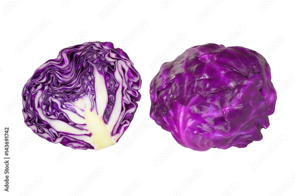 Fototapeta premium Fresh ripe Purple Cabbages, one whole and one cut in half isolated on white background 