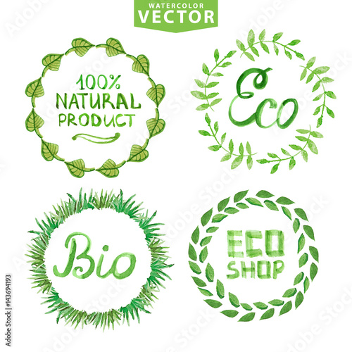 Watercolor laurels wreath set.Eco,bio,nature labels