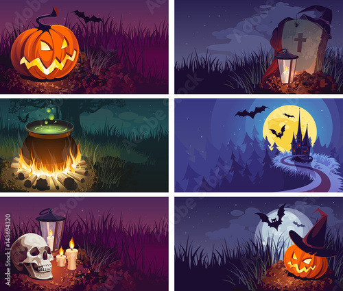 Halloween Banners with the characters on the background. Night autumn landscape