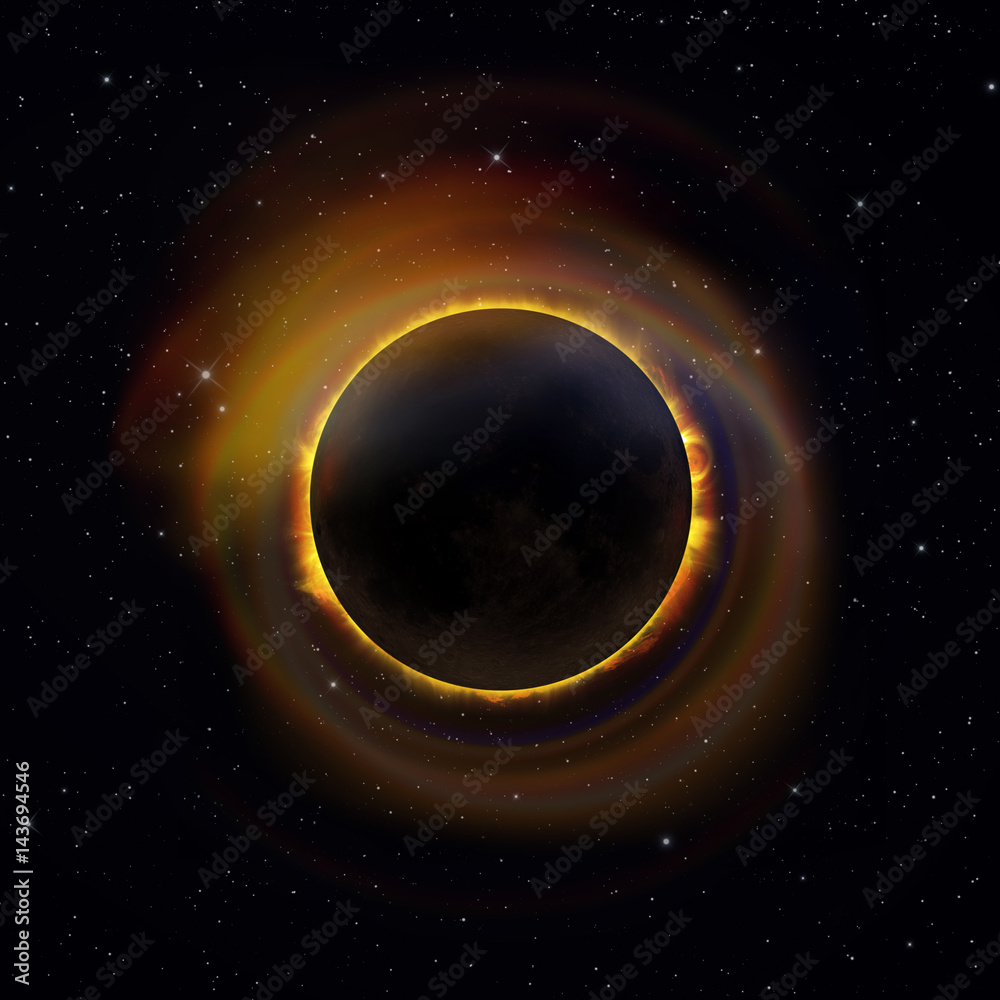 Solar eclipse with colorful halo on a starry sky background. Elements of this image furnished by NASA Solar eclipse with colorful halo on a starry sky background. Elements of this image furnished by NASA