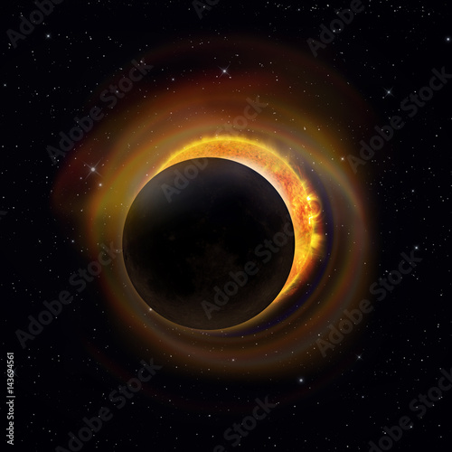 Fototapeta Naklejka Na Ścianę i Meble -  Partial solar eclipse with colorful halo on a starry sky background. Elements of this image furnished by NASA