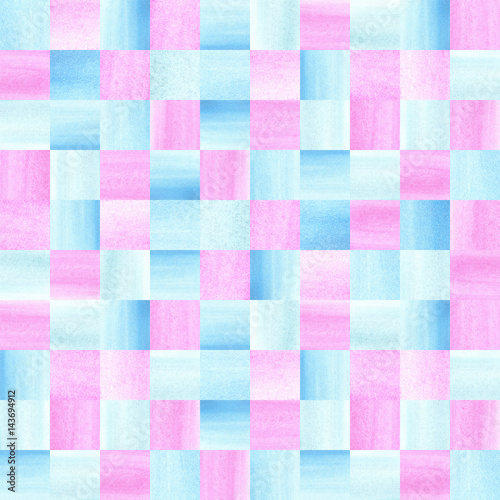 Seamless pattern with hand drawn watercolor squares. Blue and pink pearl watercolour texture.