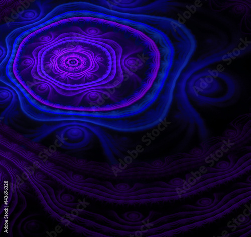 Abstract black background with ornamented relief. Distorted scientific digital landscape. Fractal pattern. Dark blue, turquoise and purple concentric texture.