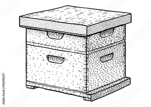 Bee hive illustration, drawing, engraving, ink, line art, vector