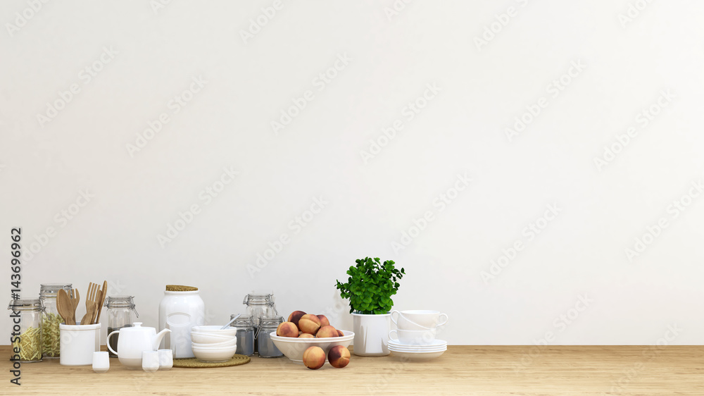 Kitchen set on wooden floor and white wall - 3D rendering Kitchen set on wooden floor and white wall - 3D rendering