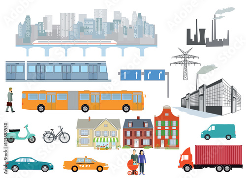 Gemeinde mit Straßenverkehr transport, und Industrie, Infografik, Vektor-Illustration