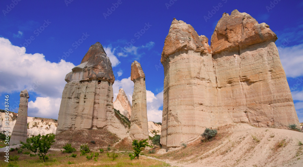 Unique geological formations in Love valley, Goreme village, Cappadocia, Turkey.