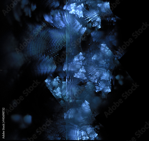Black abstract background with triangle fractal texture. Blue frost exploding on dark glass. Turquoise crushed ice crystals in 3d space.