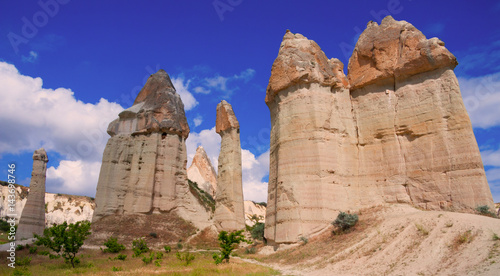 Unique geological formations in Love valley, Goreme village, Cappadocia, Turkey.