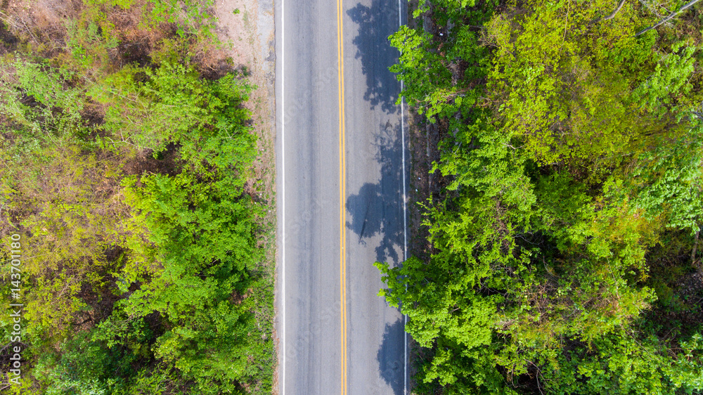 Fototapeta premium Aerial view of the road through forest.