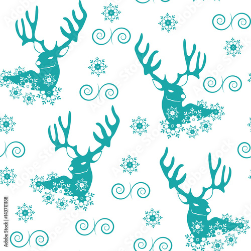 Seamless pattern with Christmas reindeer and snowflakes in turquoise color.