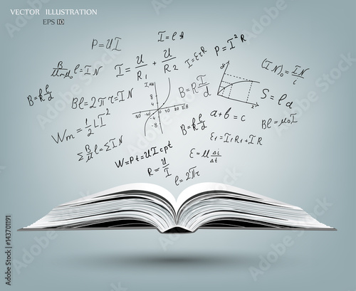 Mathematical formulas and graphs on the open book