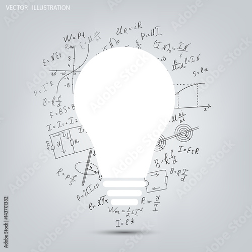 Mathematical equations and formulas around the light bulb