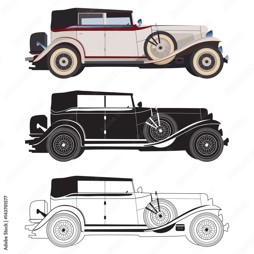 Detailed retro car, vector сadillac for design, isolated black and white car in realistic style in vector, retro car in details