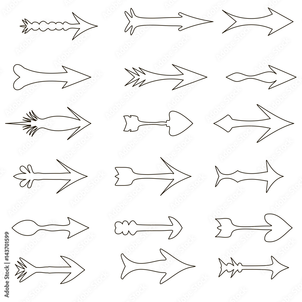 set of decorative hand-drawn arrows. Black silhouette. vector illustration.