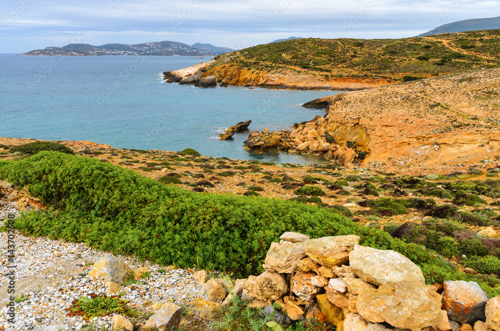 Rocky coast on the west  side of Paros Island, Cyclades. Greece.