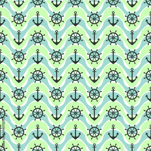 Vector seamless pattern with anchor, steering wheel, waves. Symmetrical blue, green background, nautical theme. Graphic illustration. Template for wrapping, backgrounds, fabric, prints, decor, surface