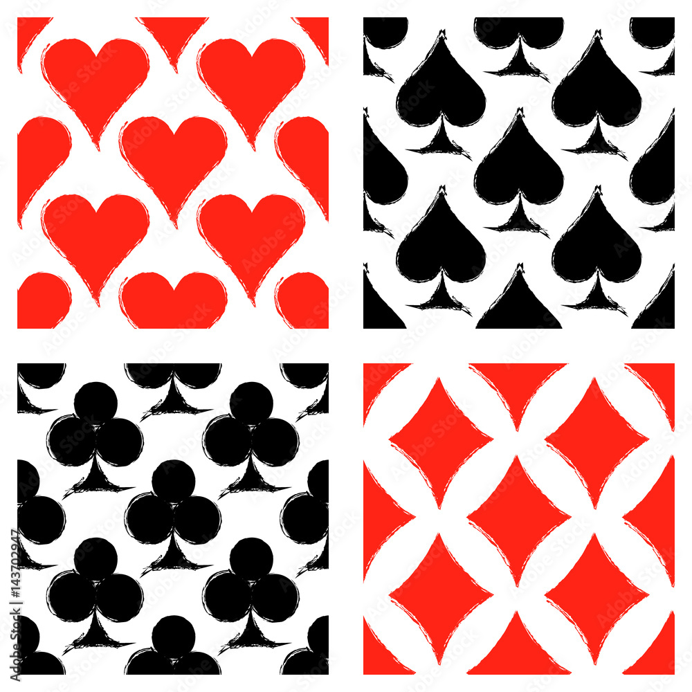 Fototapeta premium Vector set of seamless grunge patterns. Grungy graphic illustration of sign of playing card with ink blot, brush strokes. Endless background. Series of gaming and gambling seamless vector patterns.