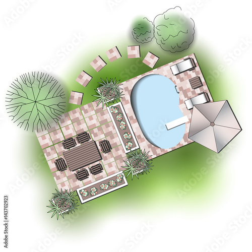 Architectural landscape design illustration with green plants, patio and swimming pool. Collection for landscape garden design, maps, plan. View from above.