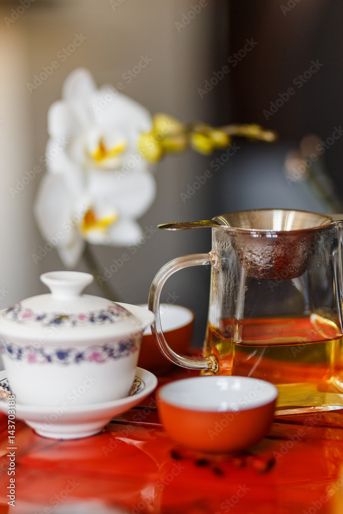 The process of brewing tea at the tea ceremony.