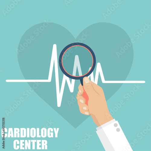 Cardiology center. Doctor hand holding a magnifying glass for heartbeat