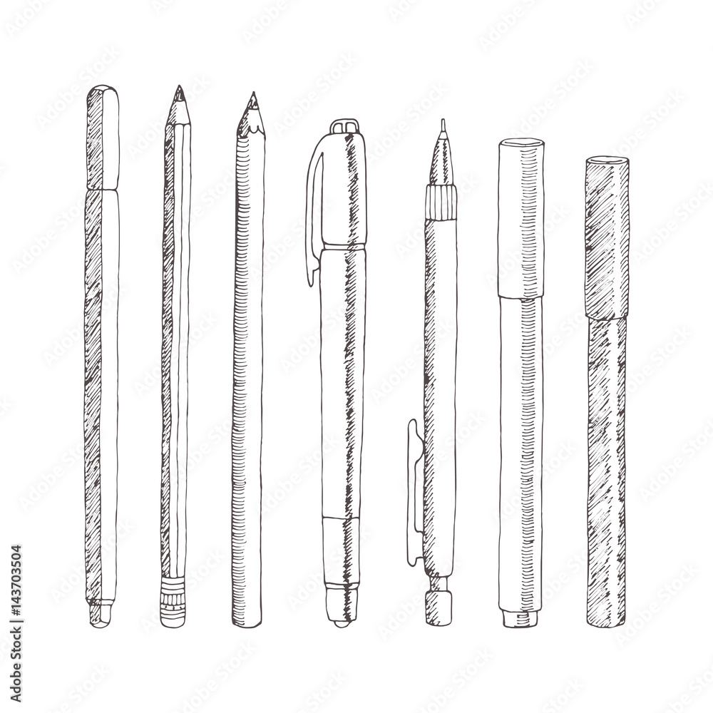 Vector sketch of pencils and pens. Hand drawn illustration. Collection in doodle style. Vector sketch of pencils and pens. Hand drawn illustration. Collection in doodle style.