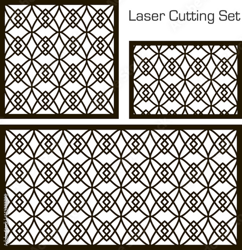 A set of decorative panels for laser cutting with a geometric pattern for cutting out paper, wood, metal. Decoration. Element of design. 1: 1, 1: 2, 2: 3. Vector illustration.