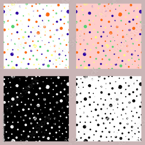 Set of seamless vector dotted patterns. Creative geometric colorful and black, white backgrounds with chaotic dots. Grunge texture with attrition, cracks and ambrosia. Old style vintage design.