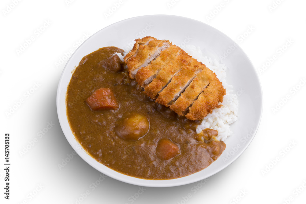 Curry rice with fried pork. Japanese food Tonkatsu curry rice. On white isolated. Curry rice with fried pork. Japanese food Tonkatsu curry rice. On white isolated.