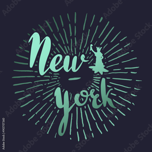 Vector handwritten brush script. Gradient letters isolated on background. New York with ray burst