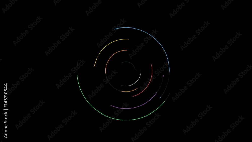 Rotating circular different color particles on black background.
