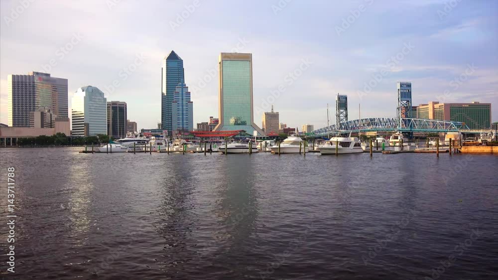 Jacksonville, Florida city skyline over the St. John's River (logos blurred for commercial use) Jacksonville, Florida city skyline over the St. John's River (logos blurred for commercial use)