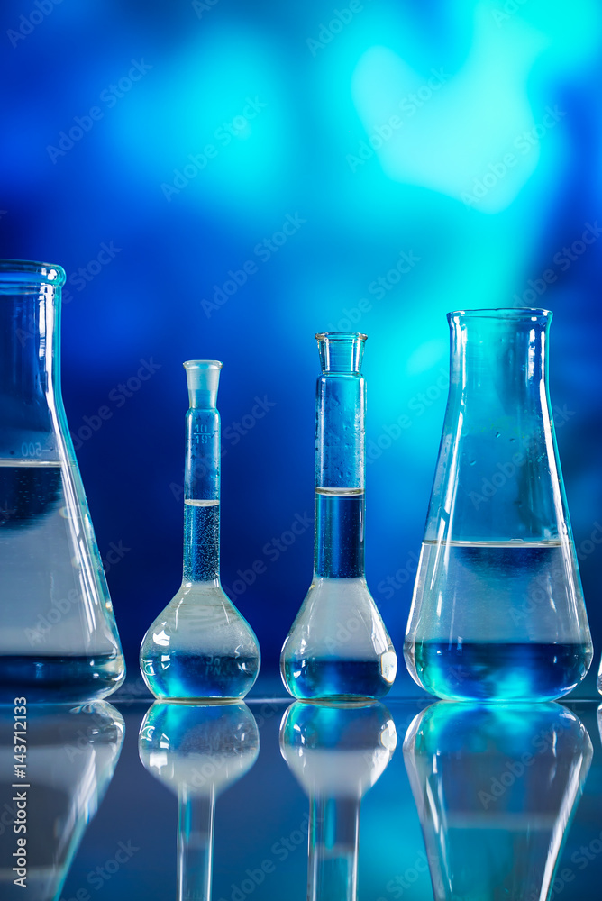 Science laboratory research and development concept. microscope with test tubes Science laboratory research and development concept. microscope with test tubes