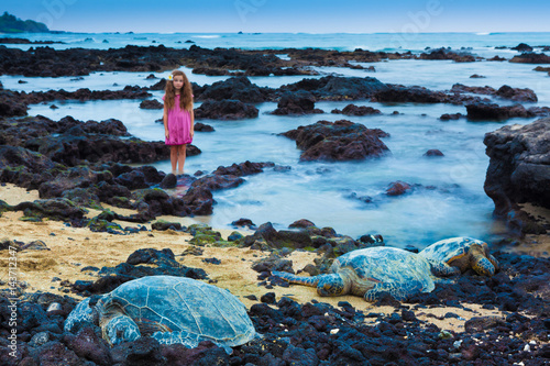 Little girl and green sea turtles © georgeburba