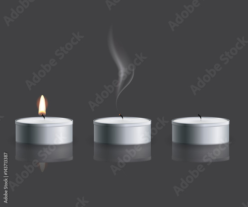 Vector realistic tea candle with fire, extinguished candle with smog and the candle end isolated on grey background.